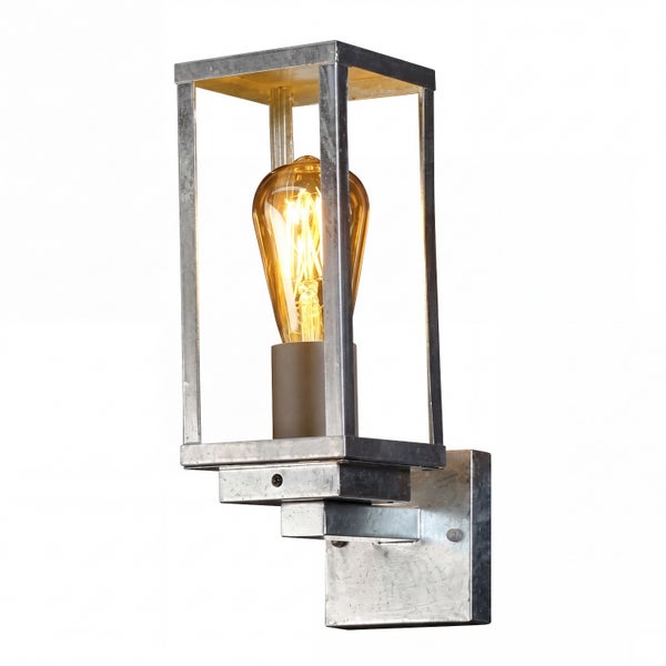 Außenwandleuchte mit rechteckigem verzinktem Metallrahmen und Edison-Filament-Leuchtmittel.