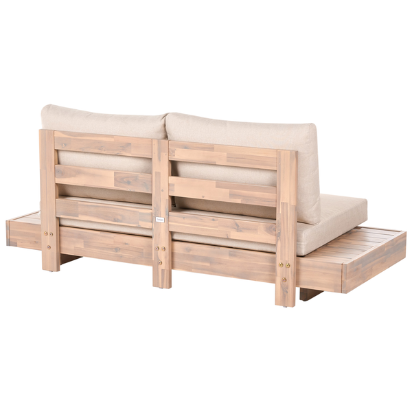 Gartensofa aus Holz mit Polstern in Rücken- und Sitzansicht