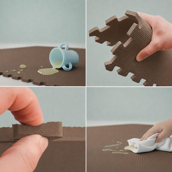 Vierteilige Detailansicht einer Bodenschutzmatte aus Schaumstoff: wasserabweisende Oberfläche, hohe Flexibilität und einfache Reinigung.