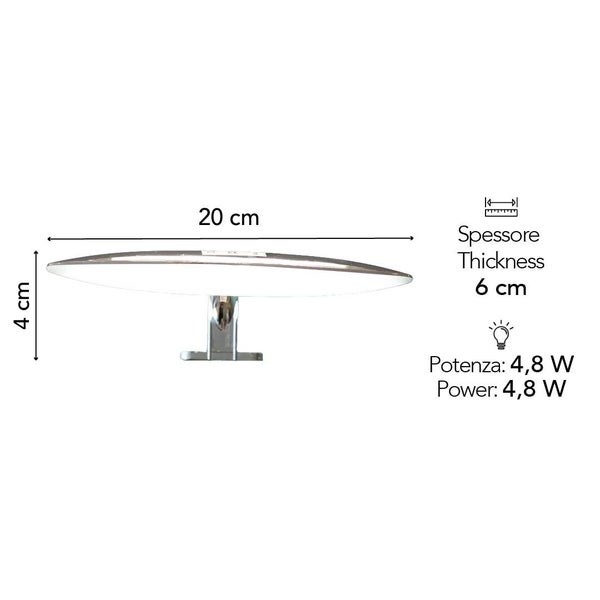 LED-Spiegelleuchte, Breite 20 Zentimeter, Höhe 4 Zentimeter, Tiefe 6 Zentimeter, Leistung 4,8 Watt.