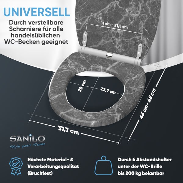 Sanilo WC-Sitz mit Marmoroptik und verstellbaren Scharnieren, passend für alle handelsüblichen WC-Becken, mit den Maßen 46 bis 48 mal 37,7 Zentimeter