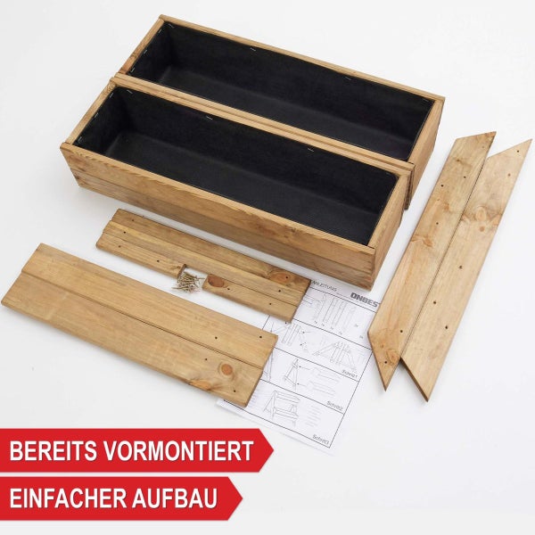 Vormontierter Bausatz für ein Hochbeet aus Holz inklusive Pflanzkästen, Brettern, Schrauben und Montageanleitung.