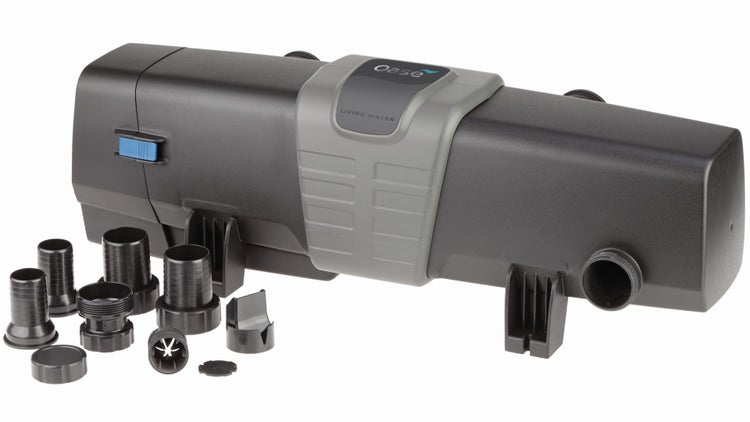 Oase Bitron Eco UVC-Vorklärgerät aus Kunststoff in Schwarz und Grau mit Schlauchanschlüssen.
