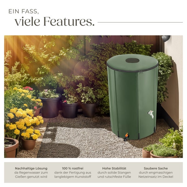 Regenwassertonne im Garten mit Pflanzen und Kiesboden.