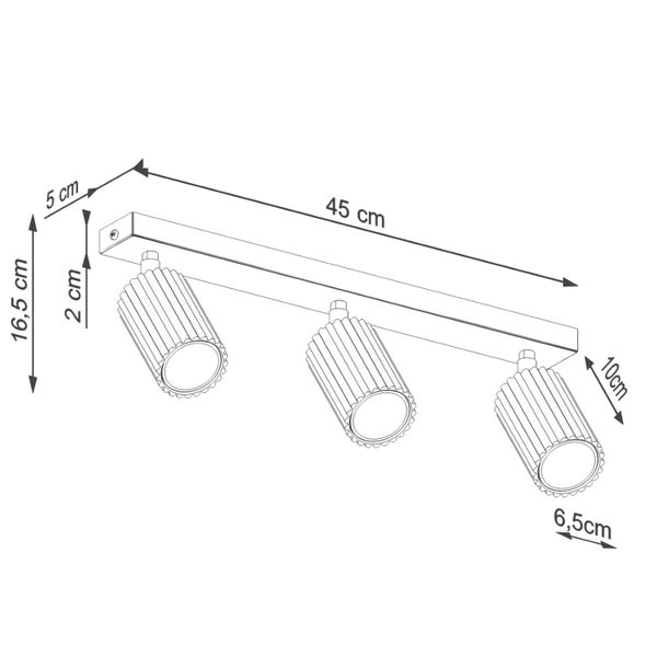 Dimensionsdarstellung einer Deckenleuchte mit drei Strahlern, Länge 45 cm