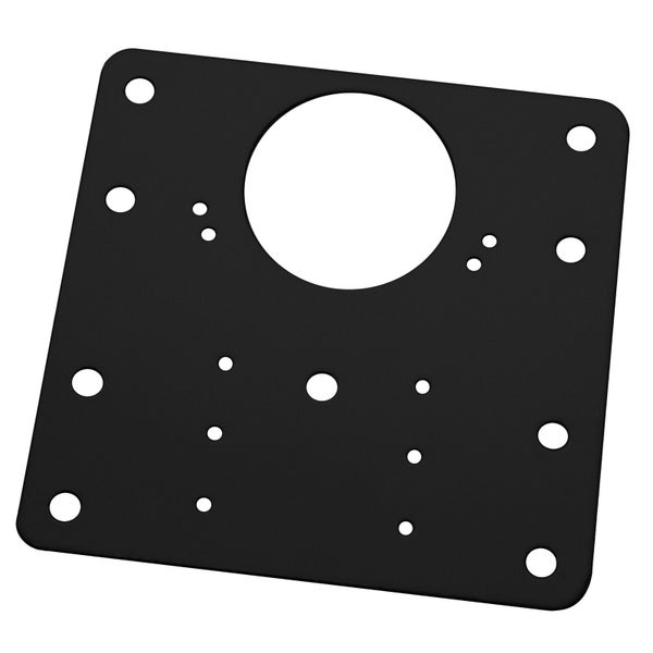 Quadratische Montageplatte aus Metall mit zentraler Öffnung und mehreren Befestigungslöchern zur Wandmontage von Armaturen