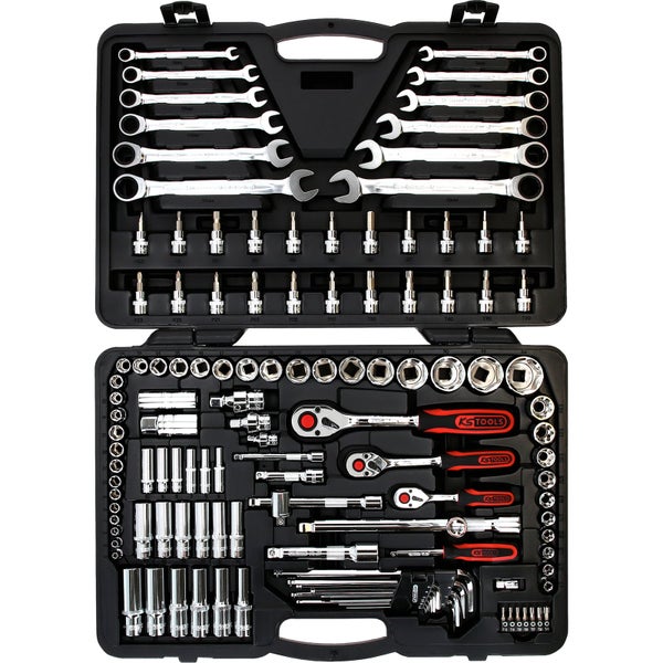 Werkzeugkoffer mit verschiedenen Schraubenschlüsseln, Steckschlüsseln und Bits