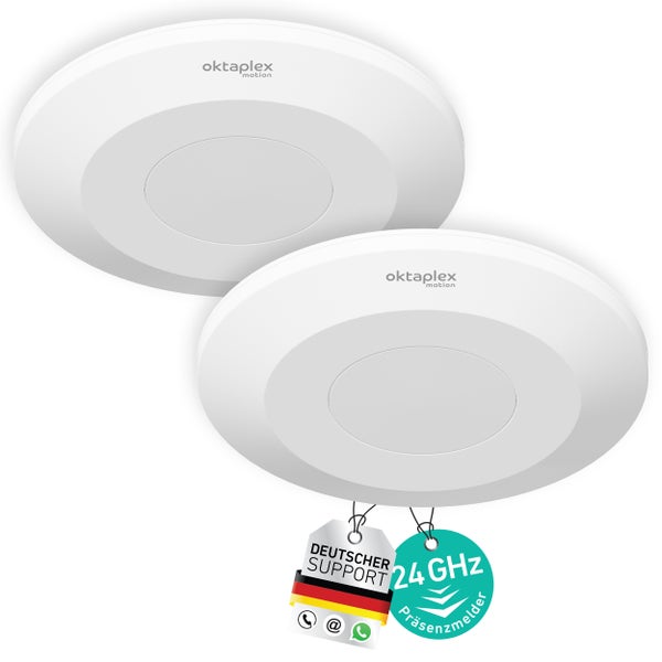 Zwei runde Oktaflex Motion Präsenzmelder zur Deckenmontage mit 24 Gigahertz Sensortechnologie und deutschem Kundensupport.
