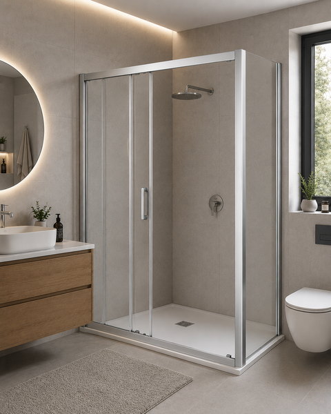 Moderne Duschkabine mit Schiebetür in einem hellen, gefliesten Badezimmer mit Waschtisch und hängendem WC.