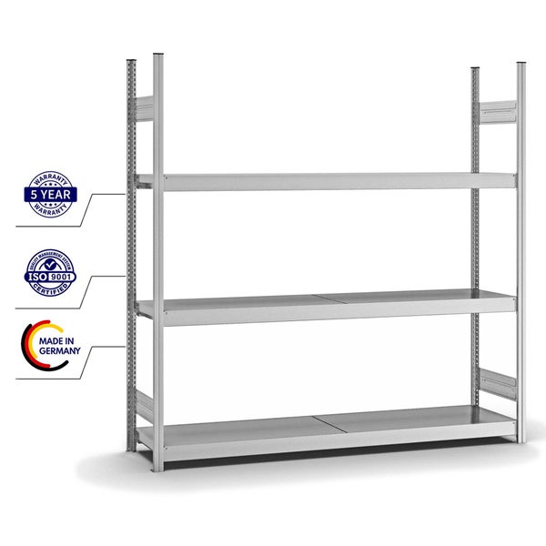 PROREGAL Weitspannregal Stecksystem T-Profil Grundregal HxBxT 200x200x40 cm 3 Ebenen Stahlplatten Fachboden Fachlast 350 kg Verzinkt