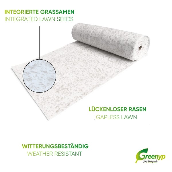 Greenyp All-In-One Grassamen Matte I 0,5 x 20m für 10m² I biologisch abbaubare Rasenmatte mit integrierten Rasensamen, Rasensamenmatte, Rollrasen