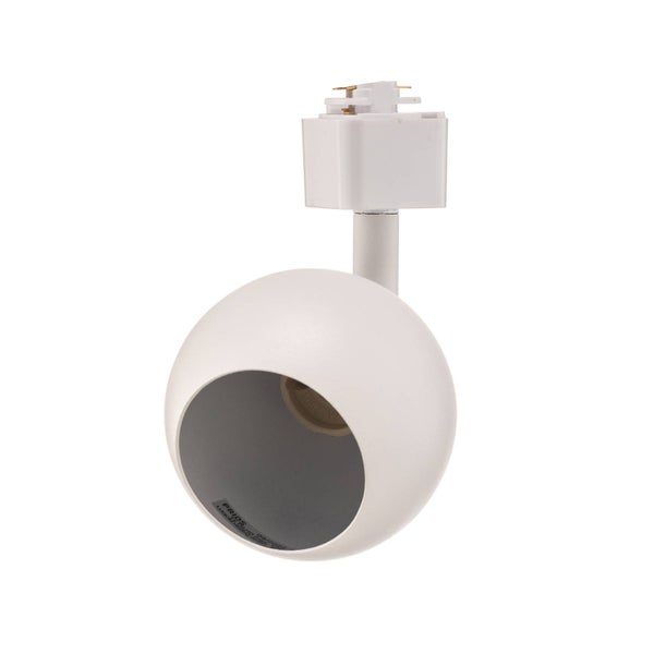 Weißer Schienensystem-Strahler in Kugelform mit GU10-Fassung für Stromschienen.