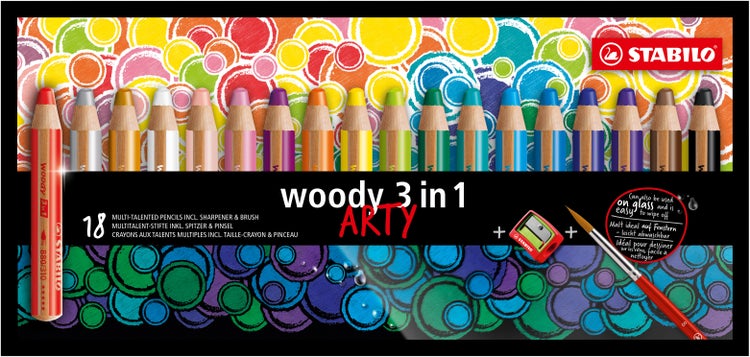 STABILO Buntstifte woody 3in1 ARTY 18er Set mit Pinsel und Spitzer Multitalent-Stifte. Malt ideal auf Fenstern - leicht abwaschbar.  Mit 18 verschiedenen Farben