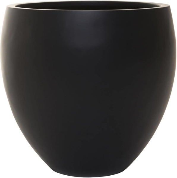 Runder, bauchiger Blumentopf aus Kunststoff in Schwarz mit glatter Oberfläche.