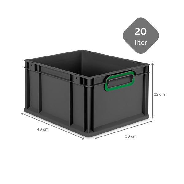 PROREGAL SparSet 10x Eurobox NextGen Color mit Auflagedeckel und Schiebeschnappverschlüsse, HxBxT 22x30x40cm, 20 Liter, Schwarz, Griffe grün geschlossen, Eurobehälter, Transportbox, Transportbehälter, Stapelbehälter
