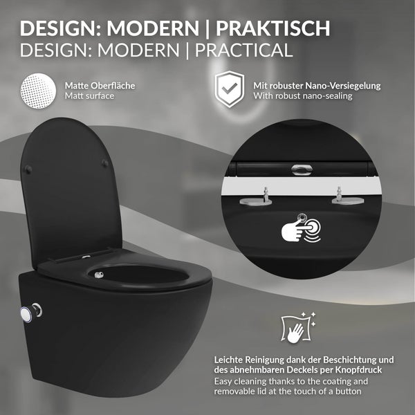 LuxeBath Wand WC Spülrandlos mit Bidet-Funktion Schwarz matt kurz 49cm, Tiefspüler Tornadospülung Keramik Hänge WC Dusch WC mit Nano Beschichtung, Kloschüssel Hängend WC-Sitz Absenkautomatik abnehmbar