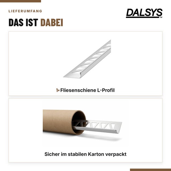 Dalsys Fliesenschiene L Profil in einer stabilen Kartonverpackung inklusive Lieferumfang Übersicht