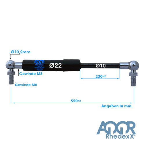 Rhedexx Gasdruckfeder mit M8 Gewinde, Gesamtlänge 550 Millimeter, Hub 230 Millimeter, Kolbenstange 10 Millimeter und Zylinder 22 Millimeter.