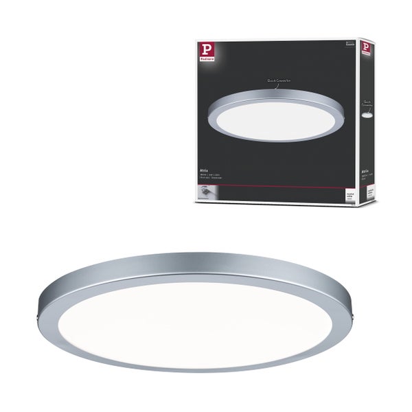 Rundes Paulmann Atria LED-Panel in Chrom matt mit 1800 Lumen und neutralweißem Licht inklusive Verpackung.