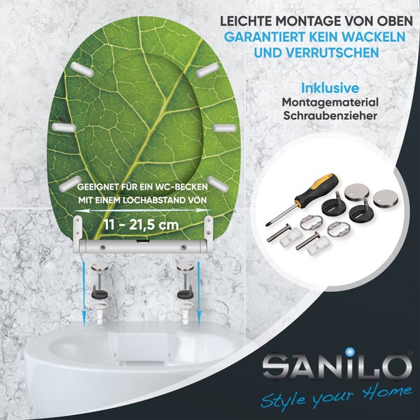 Sanilo WC Sitz mit Blattmotiv, Montageanleitung für einfache Befestigung von oben, inklusive Montagematerial und Schraubenzieher.