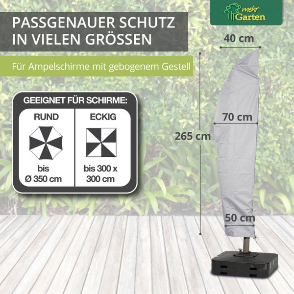 Mehr Garten - Premium PROTECT Ampelschirm-Abdeckung, Gestell gebogen, 270(H)x40/84/60(B) cm I Schirm rund bis Ø 400 cm I Schutzhülle wasserdicht, UV-Schutz, atmungsaktiv, Gewebe I Taupe/Hellgrau