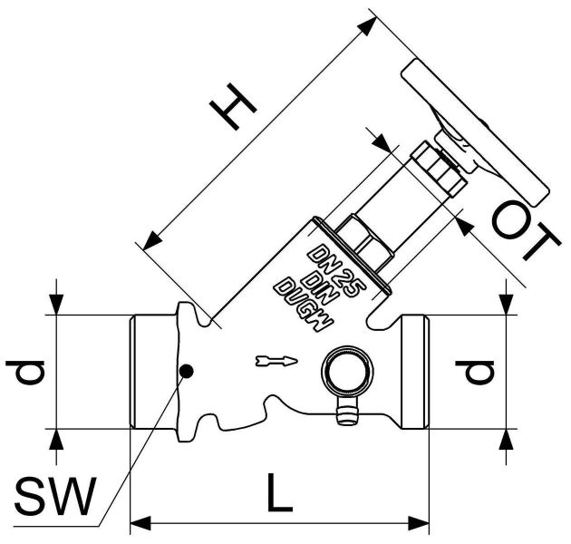 Technische Zeichnung eines Schrägsitzventils mit Maßangaben H, L, d, SW und OT zur Installation und Planung.