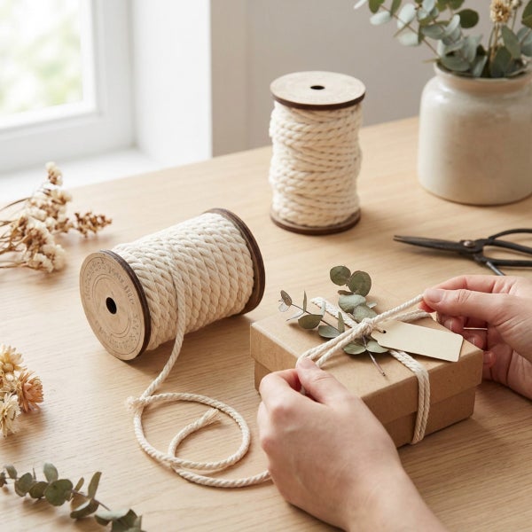Zwei Garnspulen aus Holz mit Baumwollkordel zum Verpacken von Geschenken auf einem Holztisch mit Dekoration