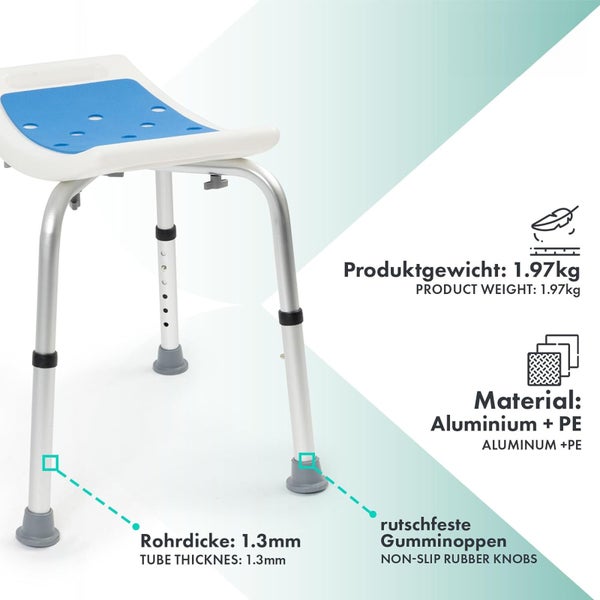 FLOORDIREKT Duschhocker Noah - Höhenverstellbar mit Anti-Rutsch-Gummifüßen - Bis 136 kg belastbar