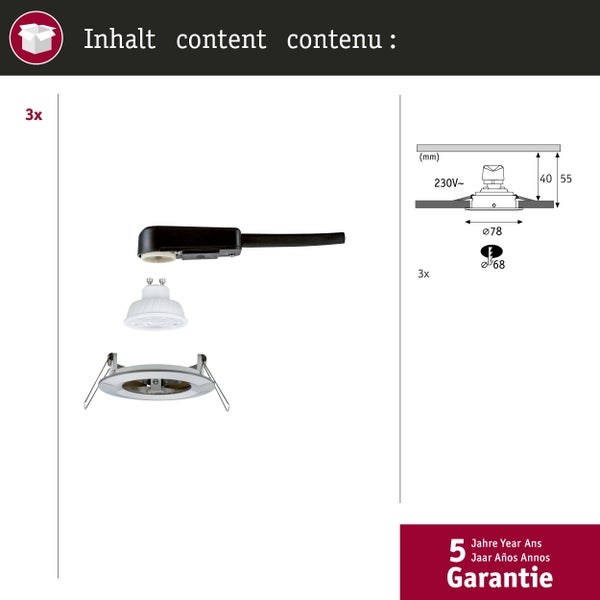 Dreierpack Einbaustrahler Set mit Maßen: Durchmesser 78 Millimeter, Einbautiefe 40 Millimeter, Ausschnitt 68 Millimeter, 230 Volt Spannung.