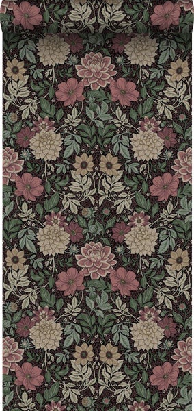 Borastapeter Tapete Blumenmuster im Jugendstil Dunkelgrün und Rosa - 53 cm x 10.05 m - 660404