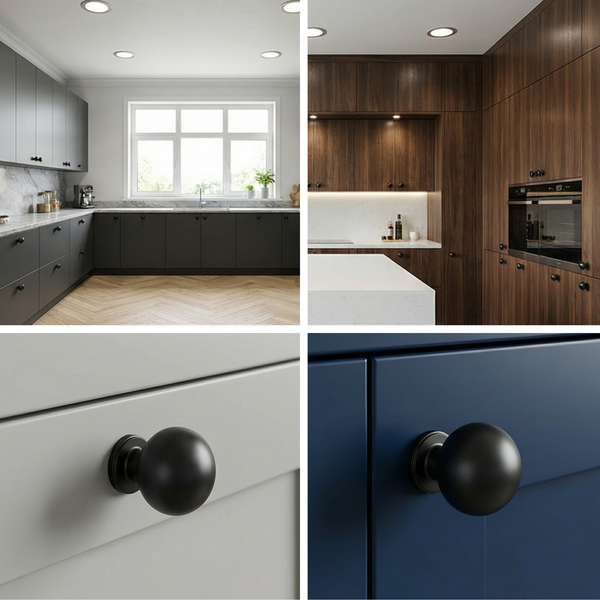 Collage mit Küchen in verschiedenen Designs und Farben, jeweils mit runden Möbelknöpfen