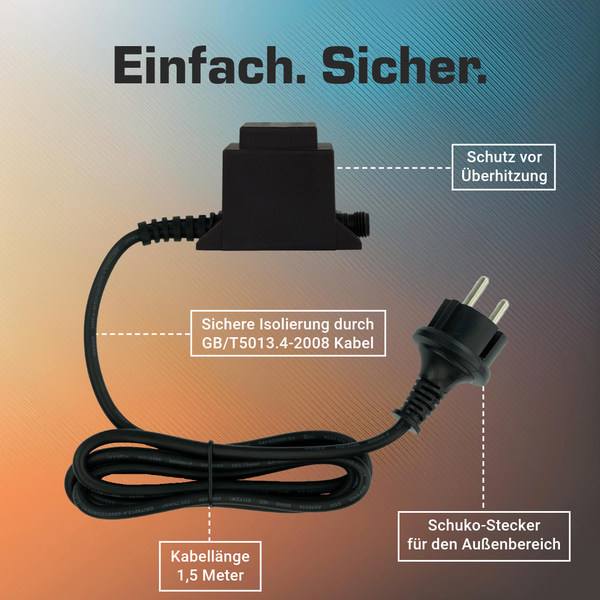 Anschlusskabel für den Außenbereich mit Schuko-Stecker, 1,5 Meter Länge, sicherer Isolierung und integriertem Überhitzungsschutz.