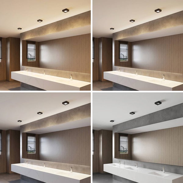 Modernes Badezimmer mit drei sechseckigen Deckeneinbaustrahlern in vier verschiedenen Lichttemperaturen von Warmweiß bis Kaltweiß.