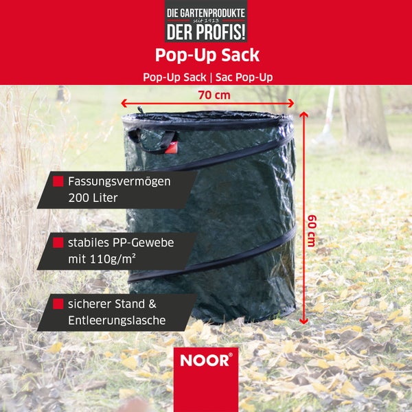 Gartenabfallsack POP-UP - 200 Liter - Grün - Gartensack selbststehend und faltbar - reißfester Laubsack zum Transport von Gartenabfällen