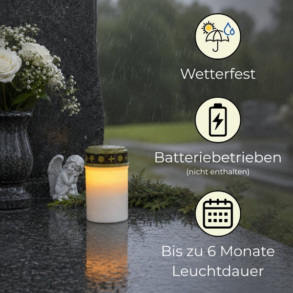 Batteriebetriebenes Grablicht auf einem nassen Grabstein bei Regen, wetterfest, bis zu 6 Monate Leuchtdauer, ohne Batterien.