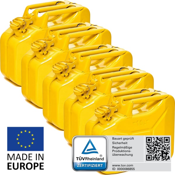 Vier gelbe Kraftstoffkanister aus Metall mit Tragegriff und TÜV Rheinland Zertifizierung