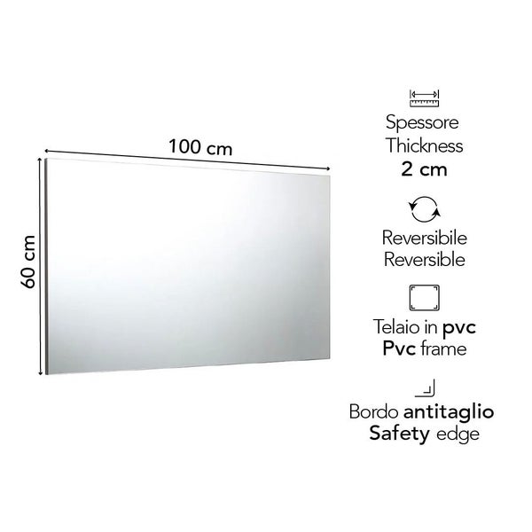 Rechteckiger Spiegel mit den Maßen 100 x 60 cm und einer Dicke von 2 cm, reversibel, mit PVC Rahmen und Sicherheitskante.