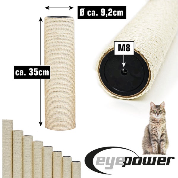 Sisal-Ersatzstamm für Kratzbäume von eyepower mit einer Höhe von circa 35 Zentimetern, einem Durchmesser von circa 9,2 Zentimetern und M8 Gewinde.