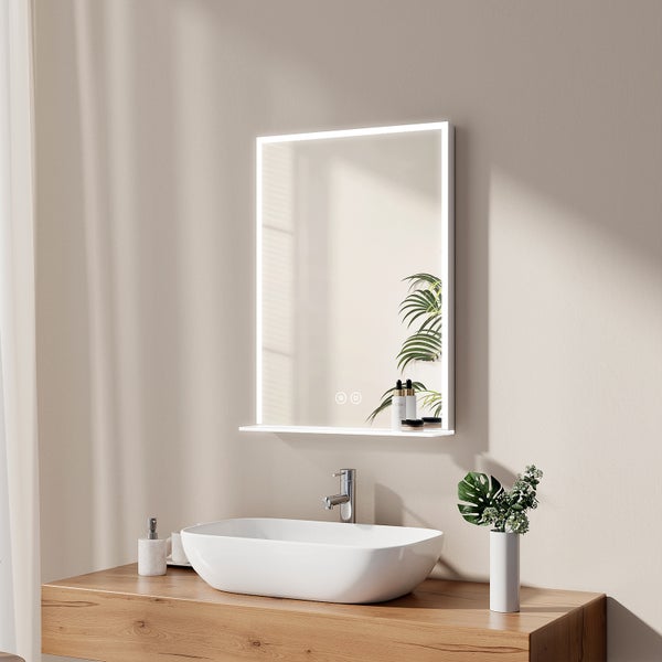 EMKE Badspiegel mit Ablage, Spiegel mit Beleuchtung Beschlagfrei 6400k Lichtspiegel Wandspiegel mit Touch, Kaltweiß (Modell O) 50x70 cm
