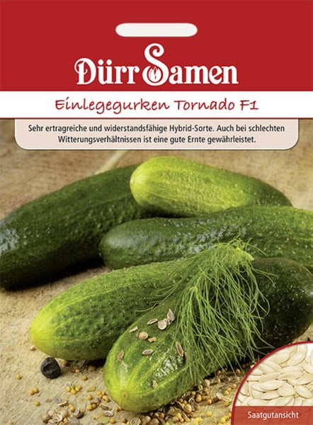 Samentüte für Einlegegurken Tornado F1 von Dürr Samen mit einer Abbildung von frischen Gurken, Dill und einer Nahaufnahme der Samen.