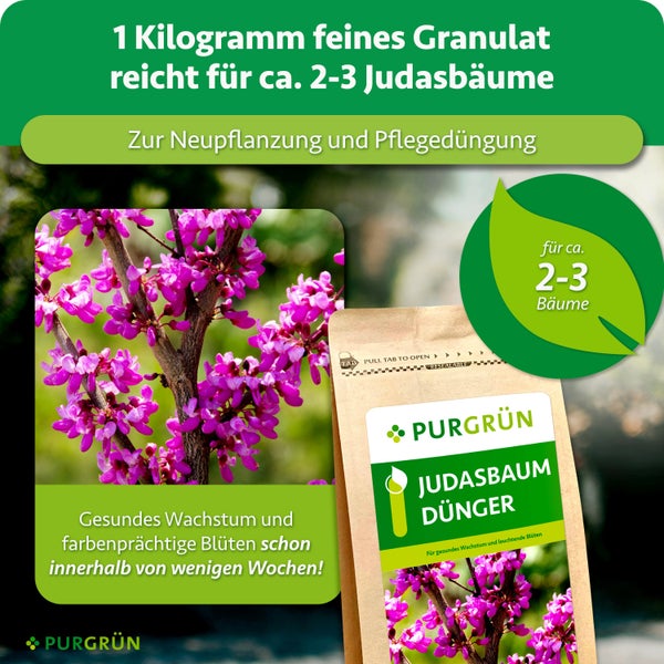 PURGRÜN Judasbaum Dünger in verschließbarem Beutel zur Neupflanzung und Pflegedüngung für gesundes Wachstum und farbenprächtige Blüten.