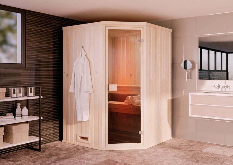 FinnTherm Innensauna Corner Innensauna 2 Sitzbänke aus Holz, Saunakabine mit 40 mm Wandstärke, Dampfsauna mit Montagematerial, Naturbelassen 1,8x1,4m