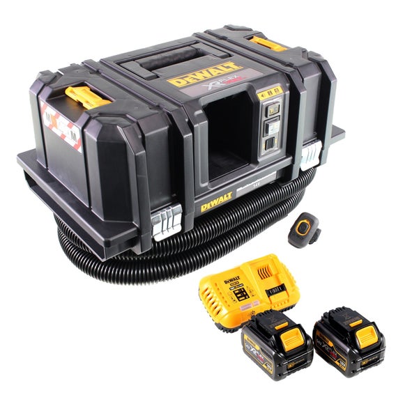 DeWalt Akku-Staubsauger TSTAK mit Saugschlauch, Ladegerät, zwei Flexvolt-Akkus und Fernbedienung.