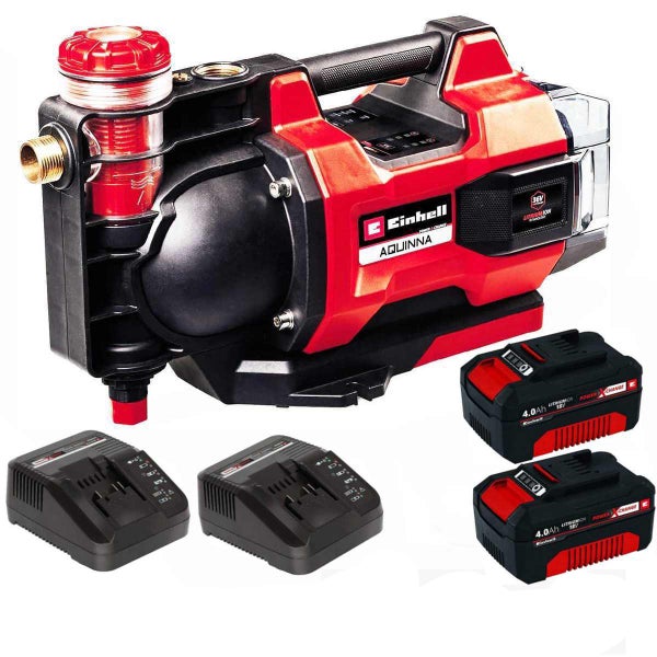 Einhell Akku-Gartenpumpe AQUINNA mit zwei 4,0 Amperestunden Power X-Change Akkus und zwei Ladegeräten.