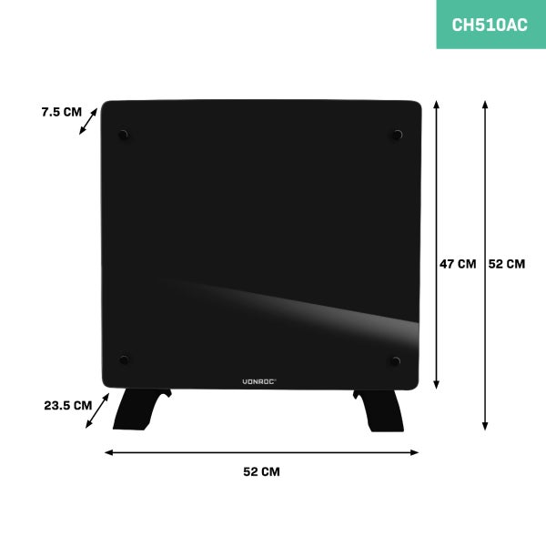 VONROC Glasheizung CH510AC mit Maßangaben als technische Zeichnung