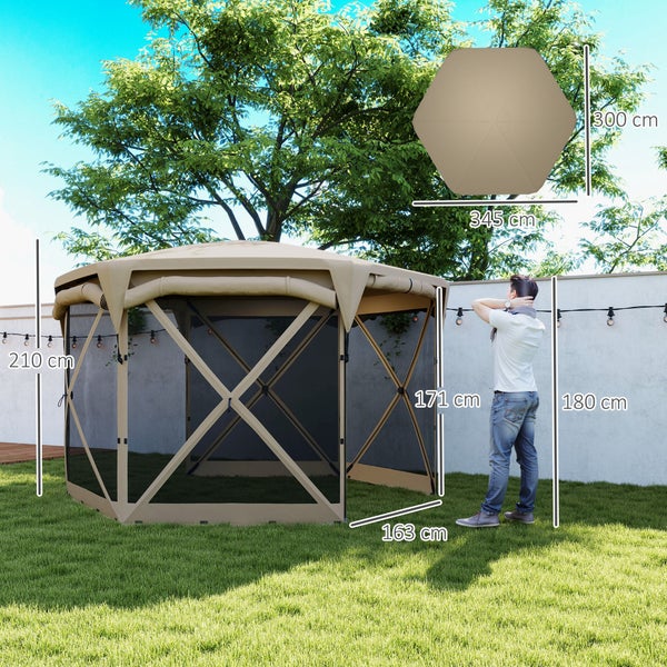 Outsunny Pavillon sechseckig ca. 3,5x3m Pop-up Faltpavillon mit abnehmbaren Dach UV 30+ Faltbar Wasserdicht Partyzelt Gartenzelt mit 5 Seitenteilen Gartenpavillon für Camping Garten Festival, Khaki