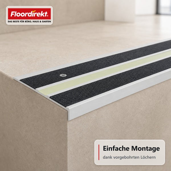 Floordirekt Logo, Treppenkantenprofil aus Metall mit rutschfester Auflage und nachleuchtendem Streifen für mehr Sicherheit auf Treppenstufen.
