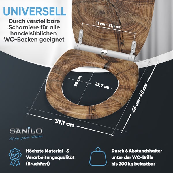 Holzoptik WC-Sitz mit verstellbaren Scharnieren und Bemaßung, belastbar bis 200 Kilogramm, Sanilo Logo.