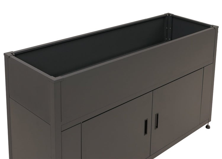 Dunkelgraues Hochbeet aus Metall mit integriertem Unterschrank und zwei Türen.