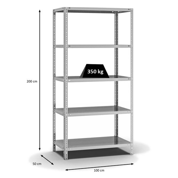 PROREGAL Fachbodenregal Schraubsystem Heavy-Duty Grundregal HxBxT 200 x 100 x 50 cm 5 Ebenen Fachlast 350 kg Beidseitig Nutzbar Verzinkt